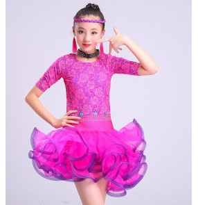 Turquoise blue fuchsia lace girl's kids children stones competition stage performance latin salsa cha cha dance dresses costumes