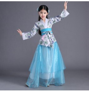 Turquoise floral patchwork fashion girl's children Chinese folk ancient classical han princess fairy performance drama film cosplay dresses costumes 