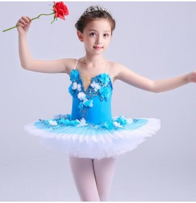 Turquoise flowers ballet dance dresses girl's gymnastics competition tutu skirt swan lake pancake plate ballet dance dresses