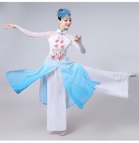 Turquoise fuchsia green gradient colored women's female stage performance yangko Chinese folk ancient classical fan dance cosplay dresses costumes