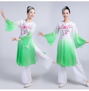 Turquoise fuchsia hot pink green gradient colored Chinese ancient fairy stage performance traditional classical folk yangko fan dance costumes dresses