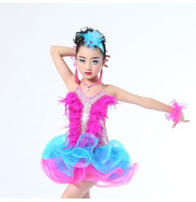 Turquoise hot pink Children Professional feather Latin Dance Dress for Girls Ballroom Dance Competition Dresses kids Modern Waltz tango Cha Cha Costumes