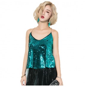 Turquoise red black silver sequined paillette girl's women's fashion jazz singers lead dancers cheerleaders hiphop dance tops vests