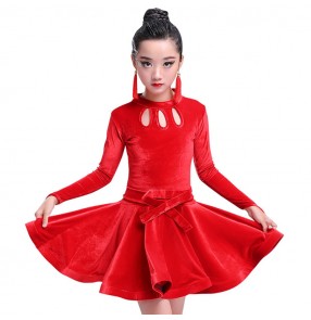 Velvet black red royal blue competition performance professional girl's kids children latin ballroom rumba dance dresses costumes