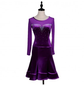 Velvet violet long sleeves rhinestones competition performance women's female professional latin ballroom dance dresses