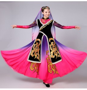 Violet fuchsia gradient colored long sleeves women female uygur ethnic Chinese folk dance movie cosplay costumes dresses