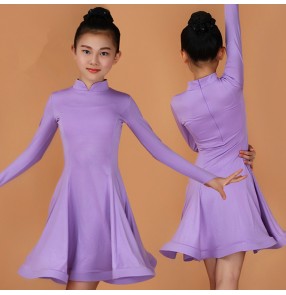 Violet light purple royal blue mint hot pink red black long sleeves girl's gymnastics performance salsa competition ballroom latin dance dresses