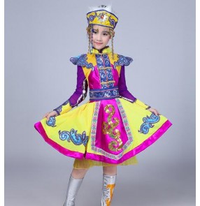 Violet National Mongolian folk dance dresses girls kids children purple yellow stage performance robes costumes