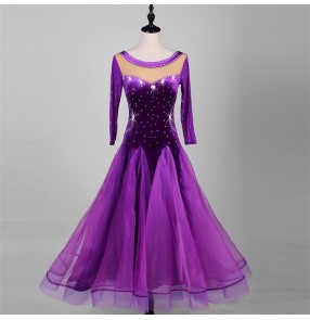 Violet purple rhinestones mesh fabric long sleeves velvet long length women's competition stage performance ballroom dancing dresses