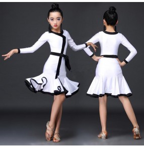 White and black trimed long sleeves stretchy fashion girl's kids children stage performance competition ballroom latin dance dresses