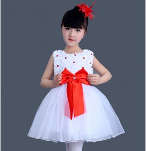 White ballet modern dance dresses girl's kids children flower girls stage performance singers dancers chorus host solo school competition dancing dresses