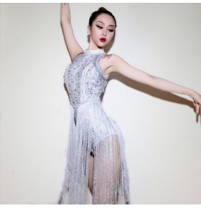 White fringes stones fashion girl's women's female  performance lead dancers night club jazz singers dance bodysuits leotards