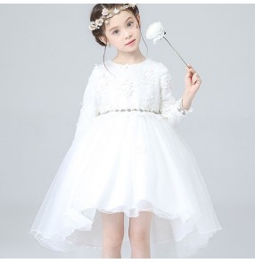 White lace long sleeves tuxedo hem skirts girl's kids children stage performance flower girl's wedding party singers dancing evening dreses