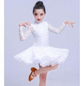 White lace stand collar lace competition professional girl's kids children stage performance ballroom latin salsa dance dreses