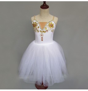 White modern dance ballet dress girl's kids children stage performance competition long length swan lake ballet dresses