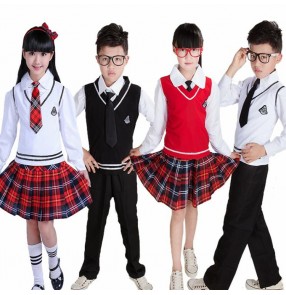 White red colored Japanese school uniform Sleeveless sweater Vest  England plaid style performance dance uniforms V-neck Japanese High school uniforms sweater Suit