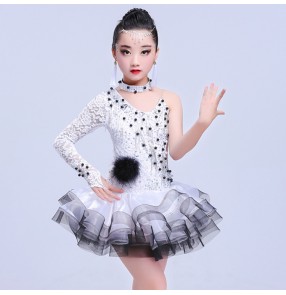 White red lace one shoulder sleeves fashion girl's competition children diamonds professional ballroom latin salsa dance dresses costumes