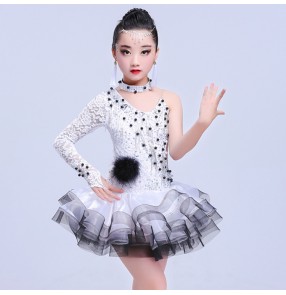 White red lace one shoulder sleeves fashion girl's competition children diamonds professional ballroom latin salsa dance dresses costumes