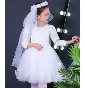 White red modern dance girl's kids children stage performance ballet jazz singers princess solo flower girls dancing dresses costumes outfits