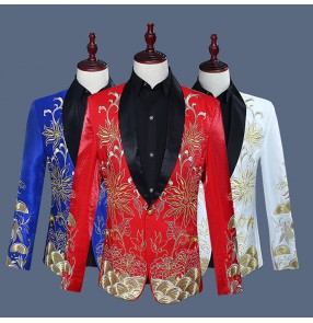 White red royal blue with gold embroidery pattern men's male singers host performance jazz groomsman long sleeves dance blazers coats