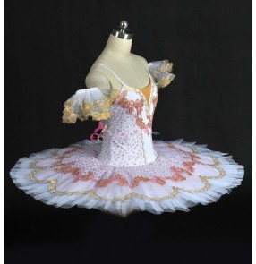 White rhinestones girls kids children growth competition professional plate pancake tutu skirts classical  ballerina ballet dance dresses