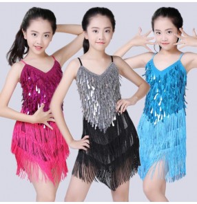 White silver gold blue red fuchsia Modern Girl Latin Dance Dress For Girls Cha Cha Dress Dancing Dress Girl Competition Dancewear Kids Kid Dance Costumes