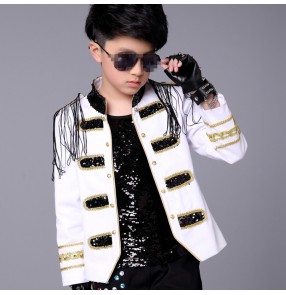 White with black fringes stones fashion boys kids children street dance hip hop singers dancers drummer competition dance coats jackets