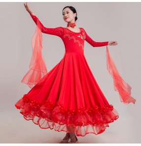 Women's ballroom dresses blue red yellow long length female diamond competition performance waltz tango flamenco dresses 