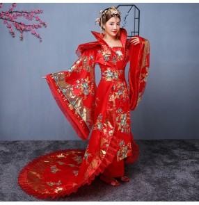 Women's Chinese ancient folk dance dresses anime drama photos fairy princess hanfu queen performance cosplay long trailing dresses robes