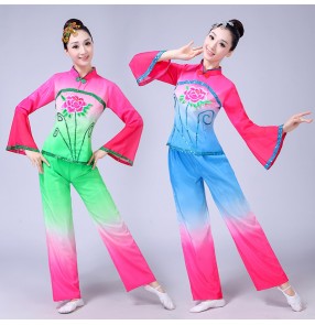 Women's chinese folk dance costumes female lady green blue gradient color yangko fan performance party dancing outfits costumes
