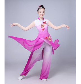 Women's Chinese folk dance costumes purple gradient colored yangko classical traditional fairy umbrella fan dance dresses 