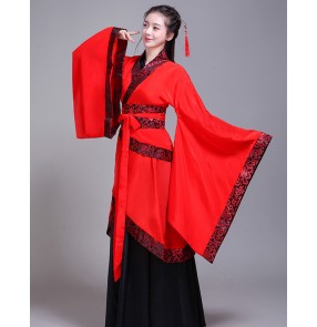 Women's chinese folk dance costumes red hanfu ancient traditional film drama cosplay kimono handbook performance dress robes 