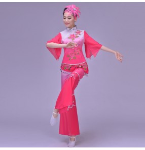 Women's Chinese folk dance costumes traditional fuchsia turquoise gradient yangko fan dance celebration cosplay dancing costumes