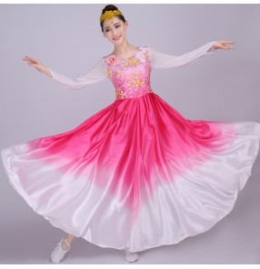 Women's chinese folk yangko dance costumes female fuchsia gradient fairy traditional china classical film cosplay fan team dancing dresses