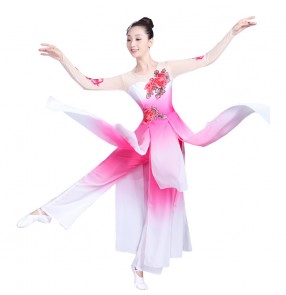 Women's Chinese Yangko folk dance costumes gradient green blue fuchsia petals fan fairy traditional dance dresses