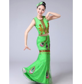 Women's folk peacock dance dresses female competition stage performance belly Hmong dancing mermaid outfits Costumes