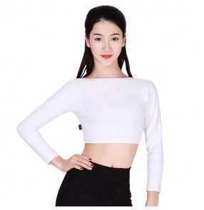 Women's growth black white long sleeves short length back crossed performance gymnastics exercises latin ballroom salsa chacha dance tops