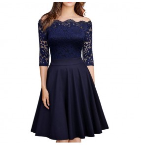 Women's lace black navy patchwork round latin dance dress salsa dress