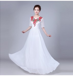 Women's modern dance dresses female lady white red chiffon chorus singers group folk dance stage performance competition long dresses