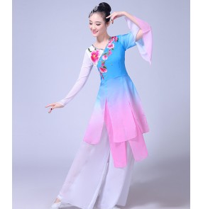 Women's traditional Chinese folk dance dresses classical fuchsia turquoise gradient yangko fan dance cosplay costumes dresses