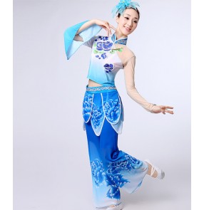 Women's traditional Folk fan dance costumes blue gradient fairy Chinese Yangko folk dance dresses costumes