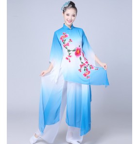 Women's yangko Chinese folk dance costumes fuchsia blue gradient fairy fan umbrella classical traditional cosplay dance dresses