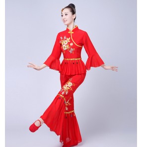 Women's yangko folk dance costumes female lady red competition stage performance fan minority fan dance costumes dresses