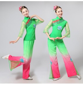Women's yangko folk dance costumes green fuchsia gradient colored fan classical traditional square dance dresses
