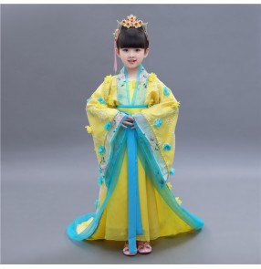 Yellow blue girls kids children stage performance girl's kids children Chinese folk ancient traditional classical fairy cosplay dance kimono dresses costumes