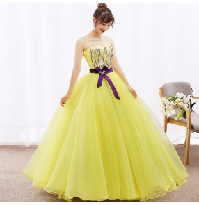 Yellow women's female big skirted stage performance competition modern dance chorus one length dresses costumes