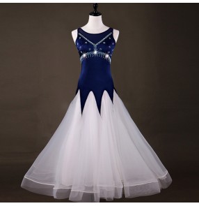 Ballroom dancing dresses white and navy patchwork diamond competition professional waltz tango dancing dresses