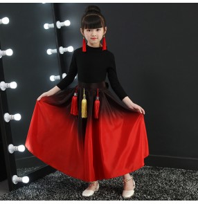 Black and red china style girls folk dance costumes traditional classical ancient drama anime cosplay photos dance dresses