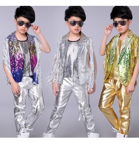 Boy jazz dance costumes sequin modern drummer photos show dancing stage performance vests waistcoats and pants