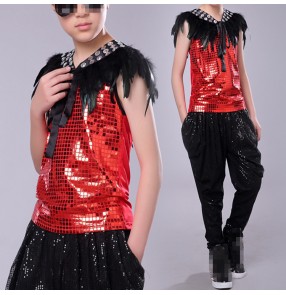 Boy jazz hiphop dance modern dance  outfits singers drummer competition street performance tops and pants and feather vests